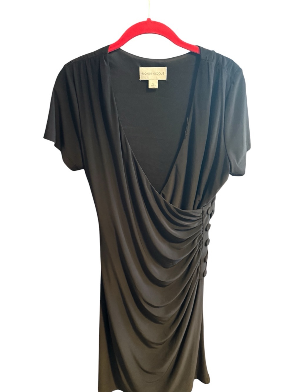 Ronni Nicole Black Draped V-Neck Midi Dress with Side Buttons